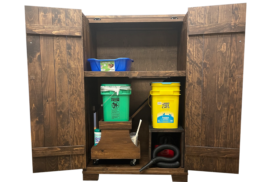 The Cat Cache Litter Box Storage System with Shallow Box Steps and Small Rolling Cart