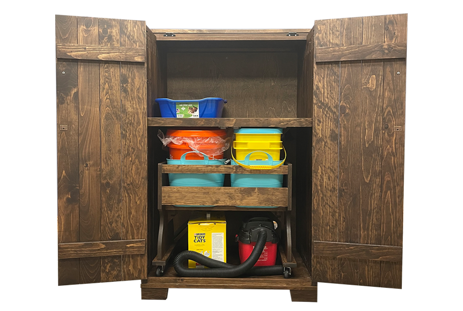 interior view of cat cache litter cabinet with large rolling cart